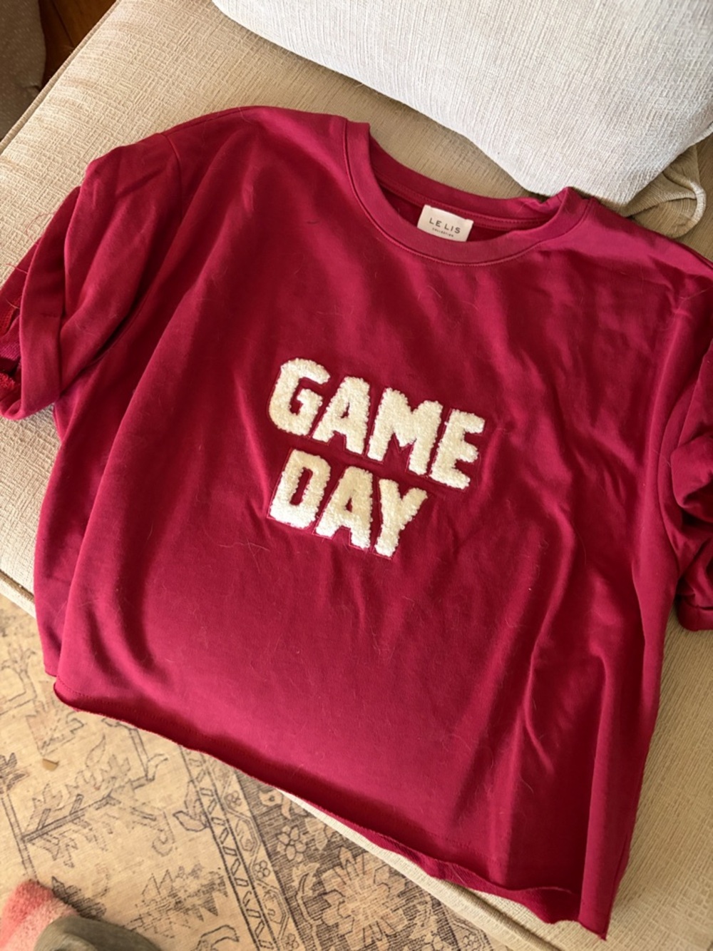 Game Day tee or crop sweatshirt in Burgundy with Cream Chenille Lettering